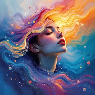 The primary subject of the image is a woman with long hair, who is looking upward. She is surrounded by a vibrant and colorful background, which includes a mix of blue, pink, yellow, and orange hues. The visual style of the image is a combination of digital art and illustration, creating a surreal and dreamy atmosphere. The woman's expression and posture suggest a sense of wonder and curiosity, as she gazes into the distance.